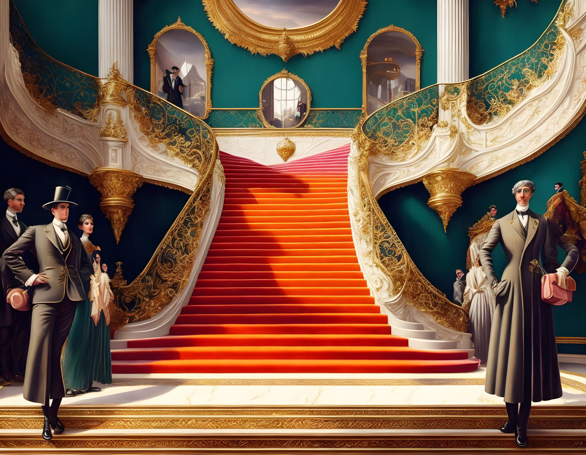 Opulent Room with Red Staircase and Golden Balustrades