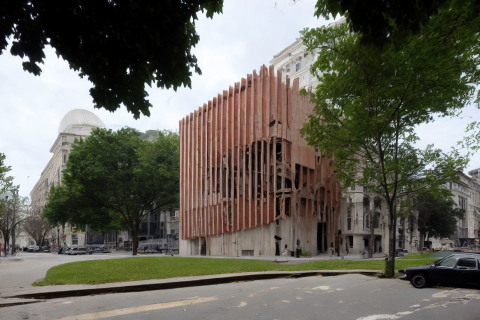 Unique Rust-Colored Vertical Fin Facade on City Street