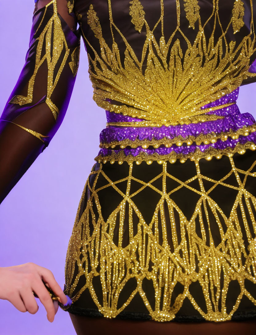 Detailed Costume with Golden Sunburst Embellishment on Black Fabric