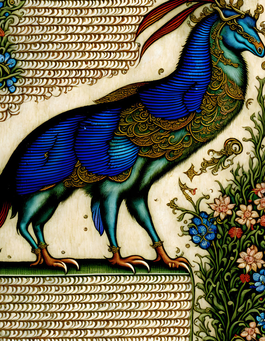 Blue Mythological Bird with Peacock Features on Floral Background