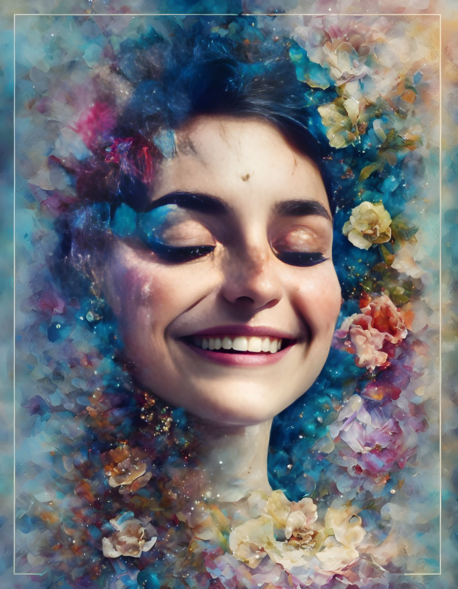 Colorful Abstract Floral Burst Portrays Joyful Woman's Face