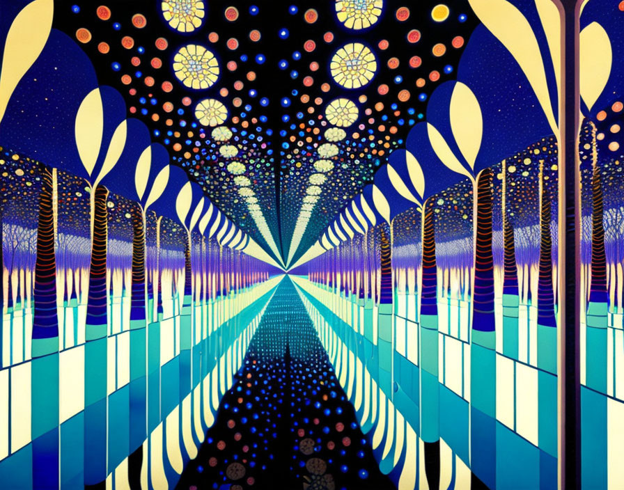 Symmetrical digital art: Tree-lined path, starry sky, reflective floor