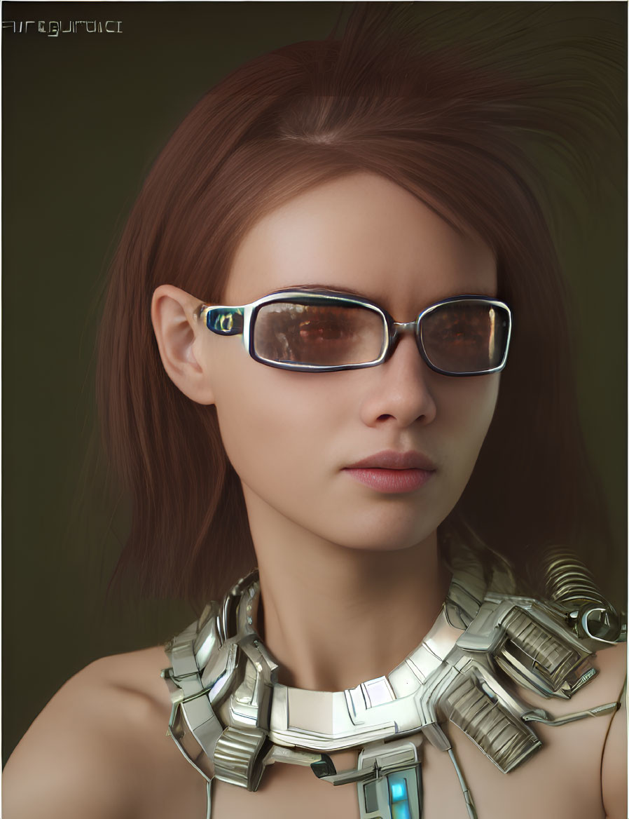 Futuristic digital portrait of a woman with silver necklace and reflective sunglasses