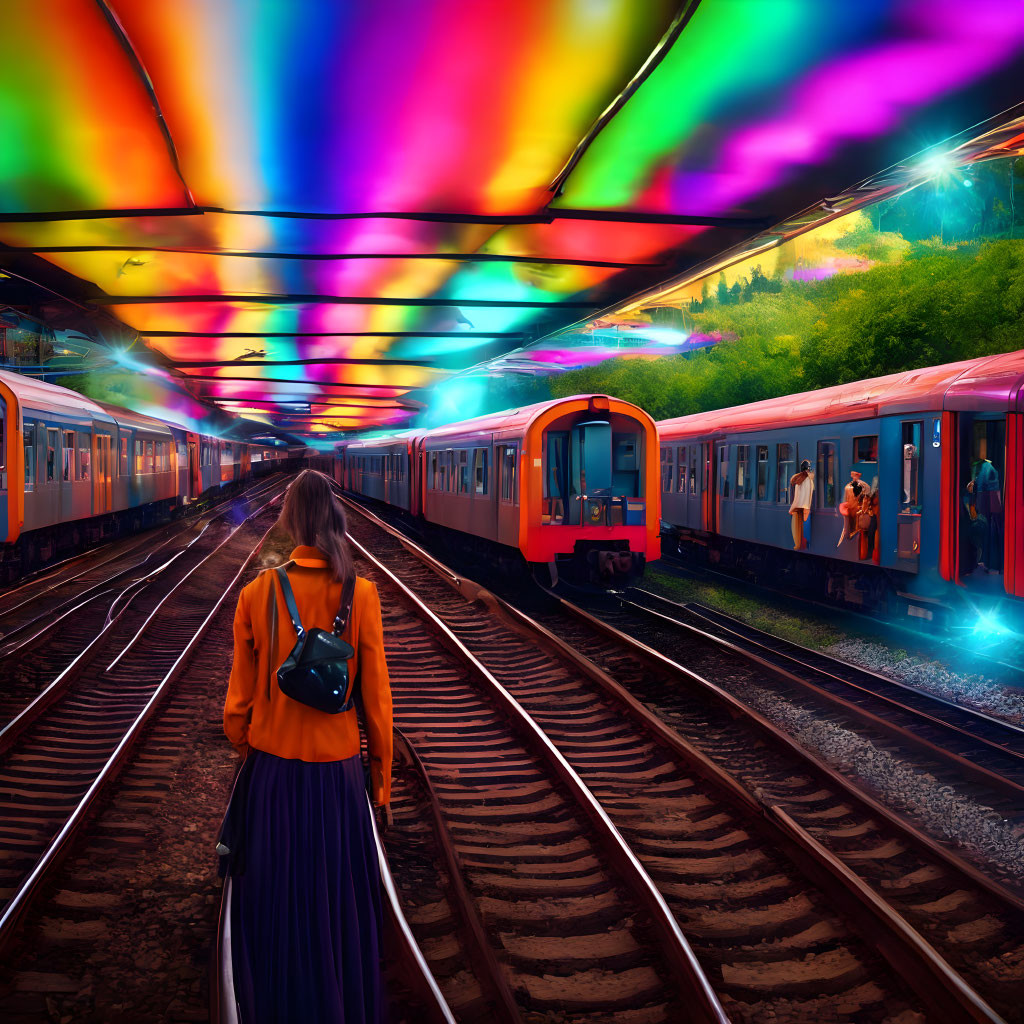 Person with backpack on train tracks near colorful trains in rainbow-lit tunnel