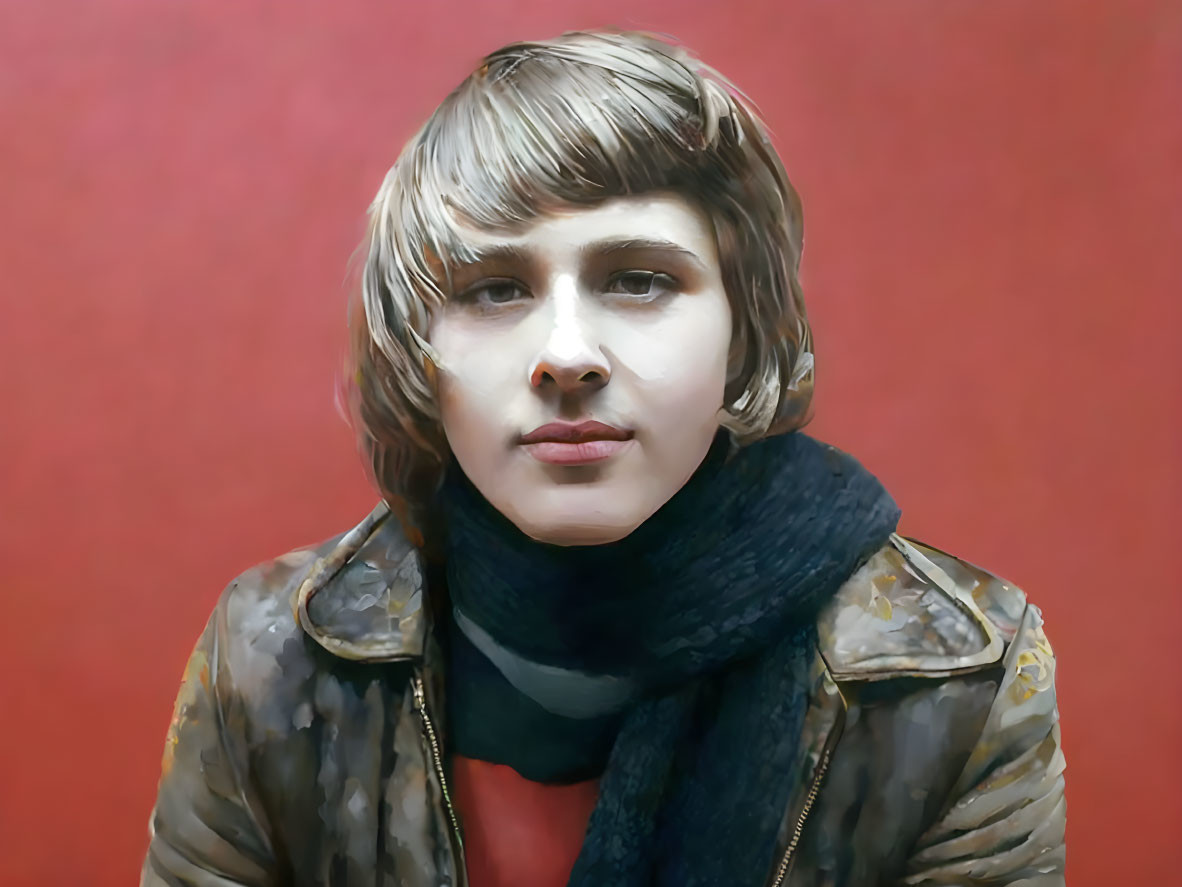 Person with Short Brown Hair in Black Scarf & Brown Jacket on Red Background