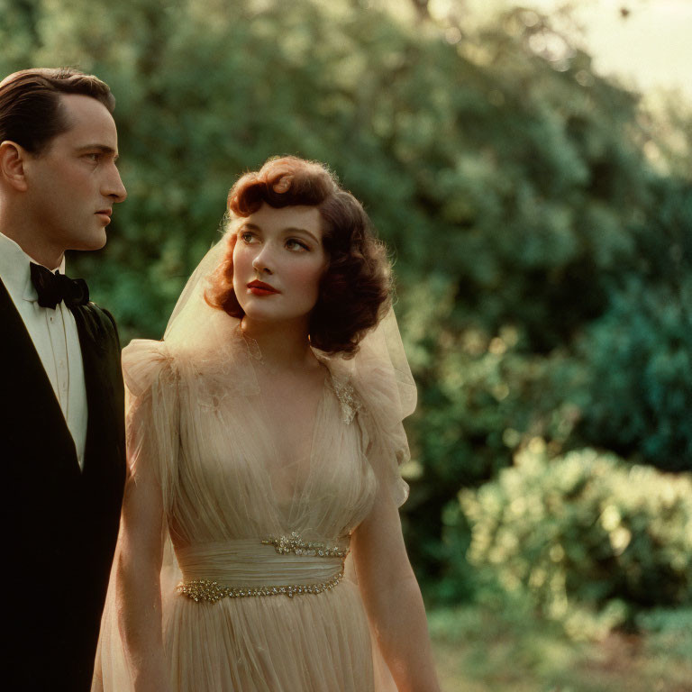 Classic Wedding Photo: Groom in Tuxedo, Bride in Elegant Dress