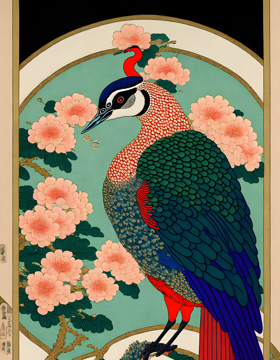 Traditional Japanese peacock illustration with pink blossoms and Japanese text