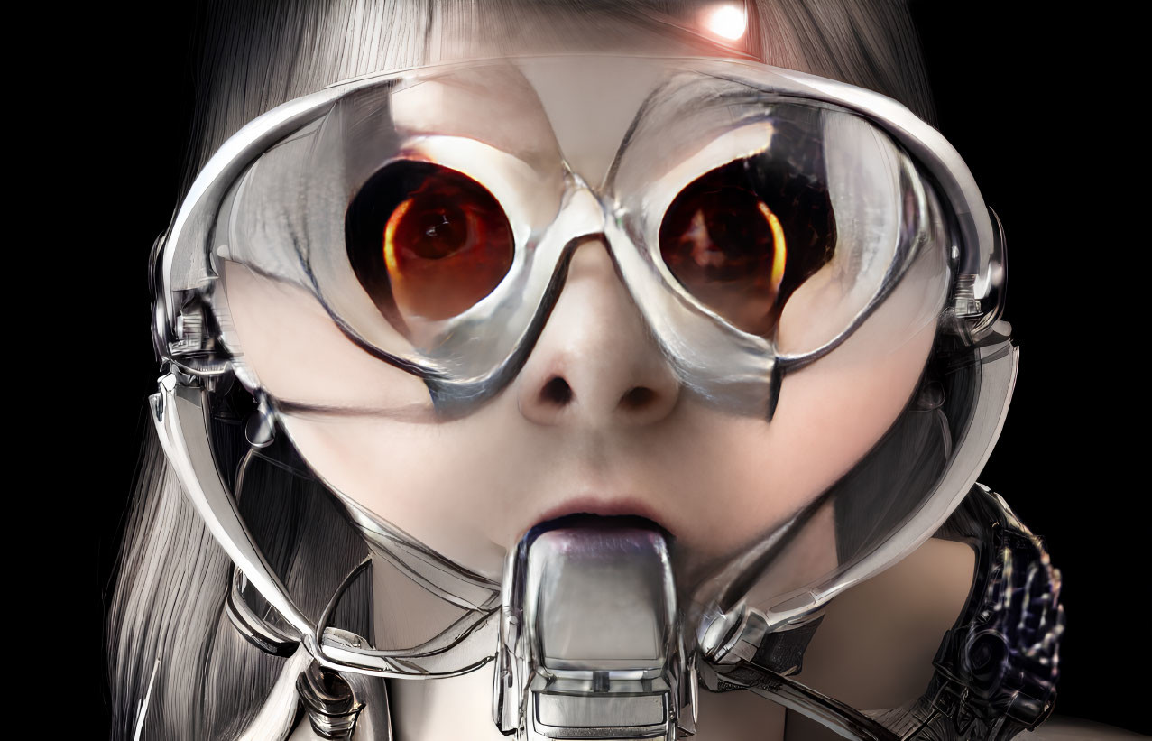 Humanoid with reflective goggles, red eyes, silver hair, and metallic mouthpiece on dark background