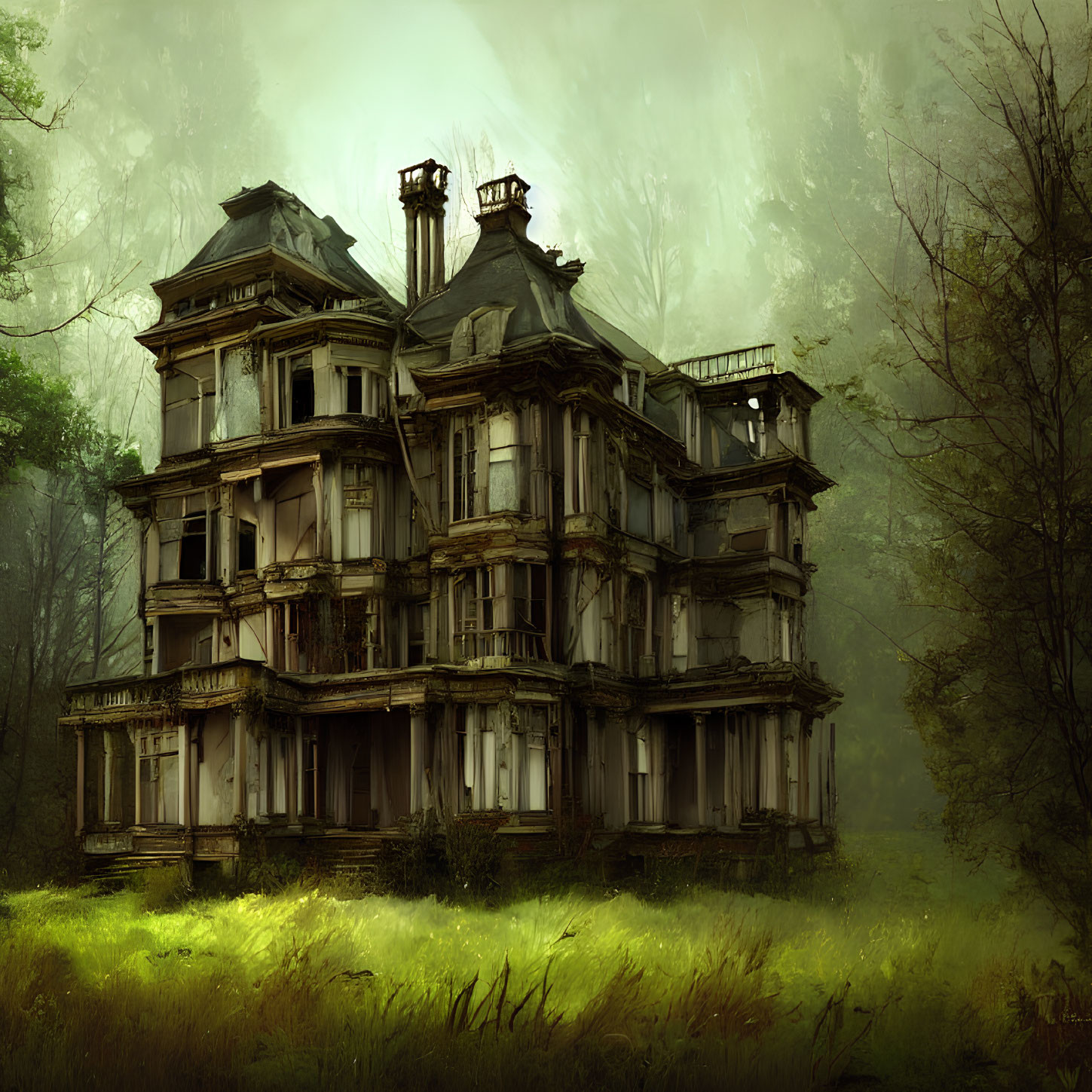 Abandoned Victorian mansion in misty forest setting