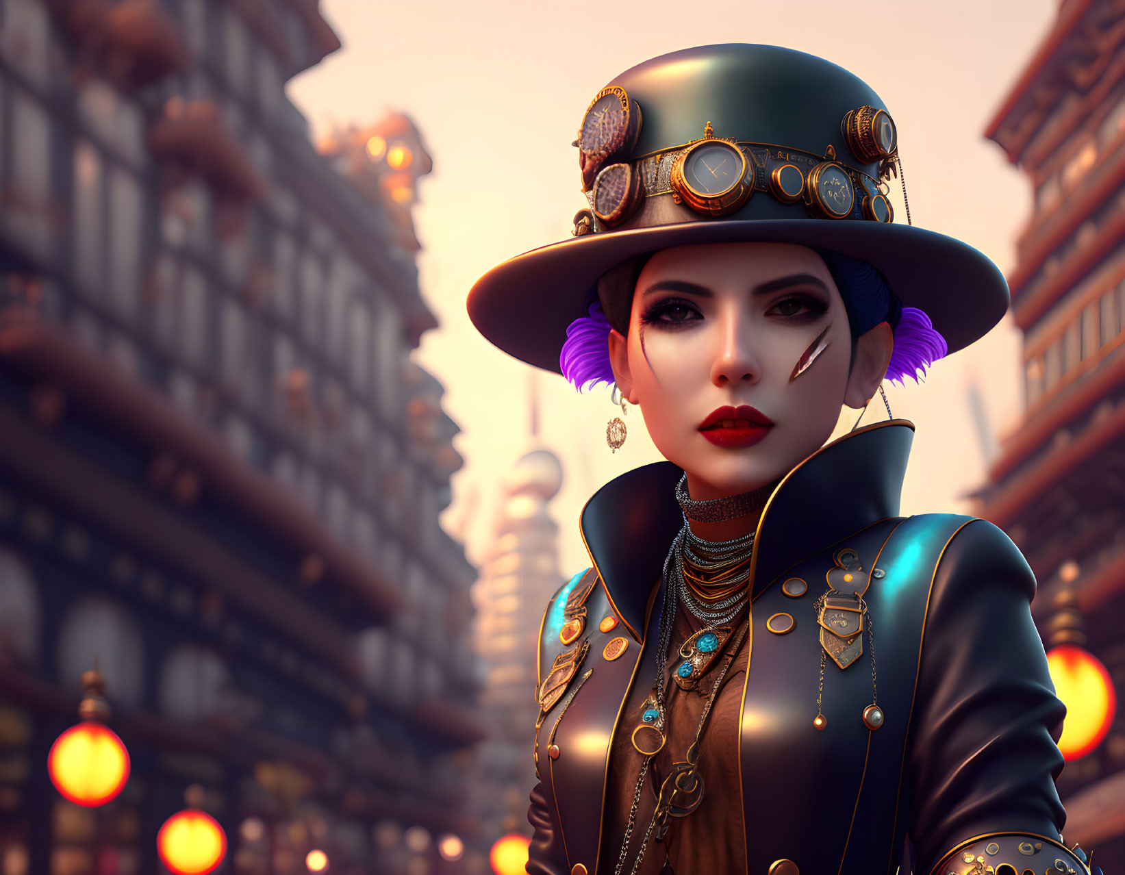 Stylized female character with white hair and purple earrings in green steampunk attire against Asian city