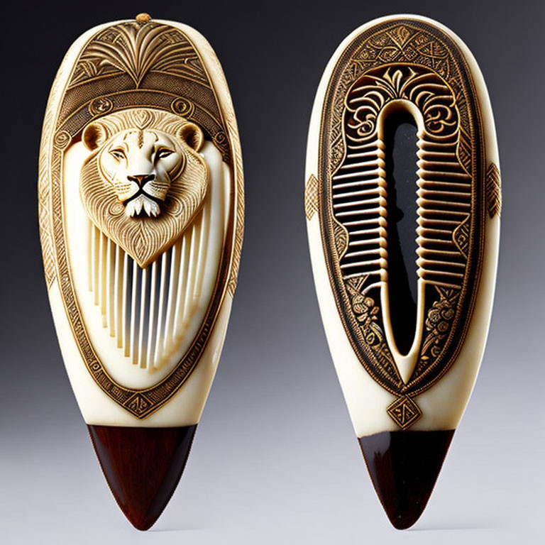 Ivory lion-faced decorative combs with intricate engravings on gradient background