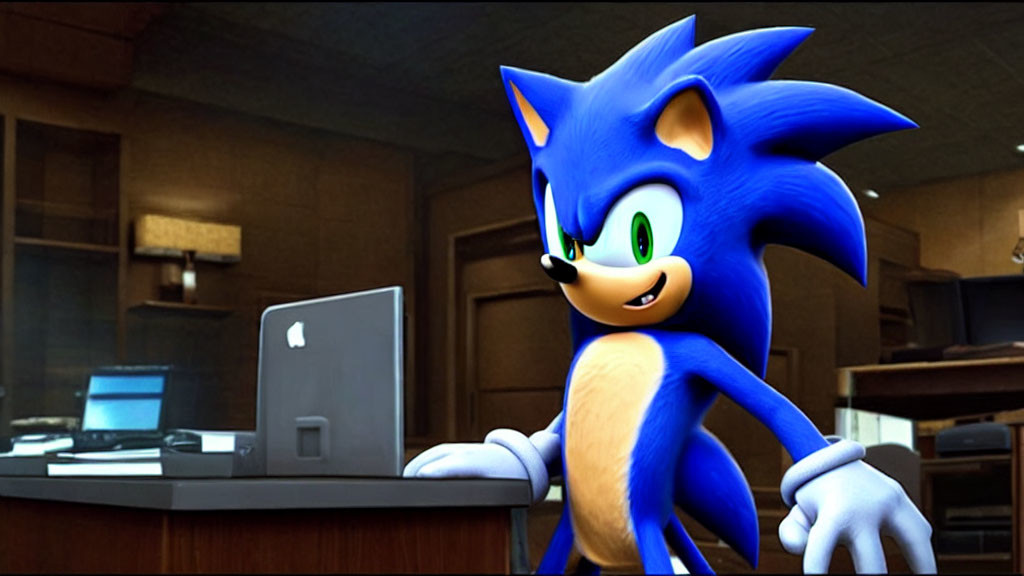 Anthropomorphic blue hedgehog with green eyes in office setting