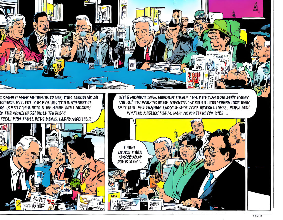 Vibrant Comic Strip Panel: Characters at Conference Table