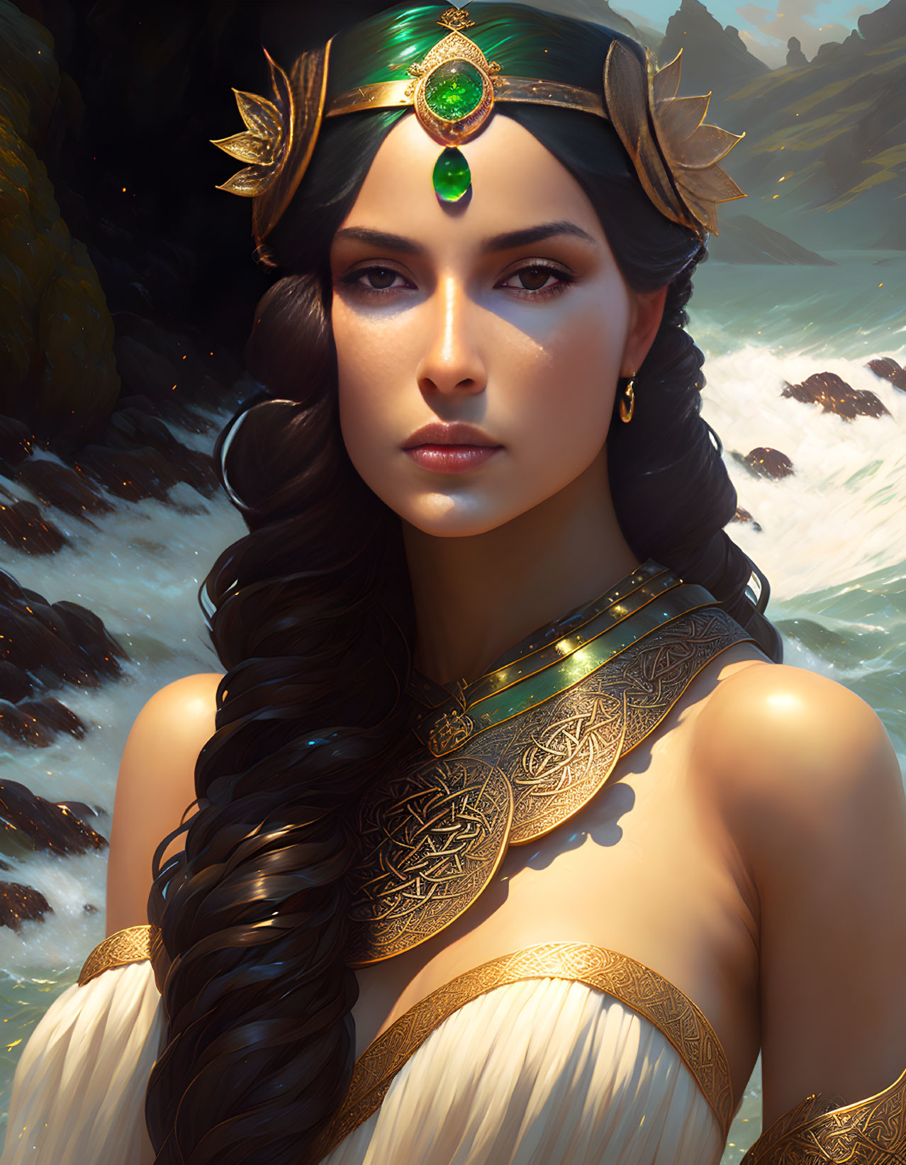 Regal woman with braided hairstyle and gold crown on rocky shore.