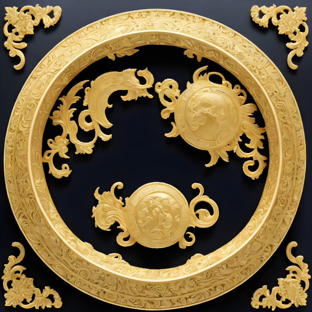 Circular Golden Frame with Intricate Relief Patterns and Scrollwork