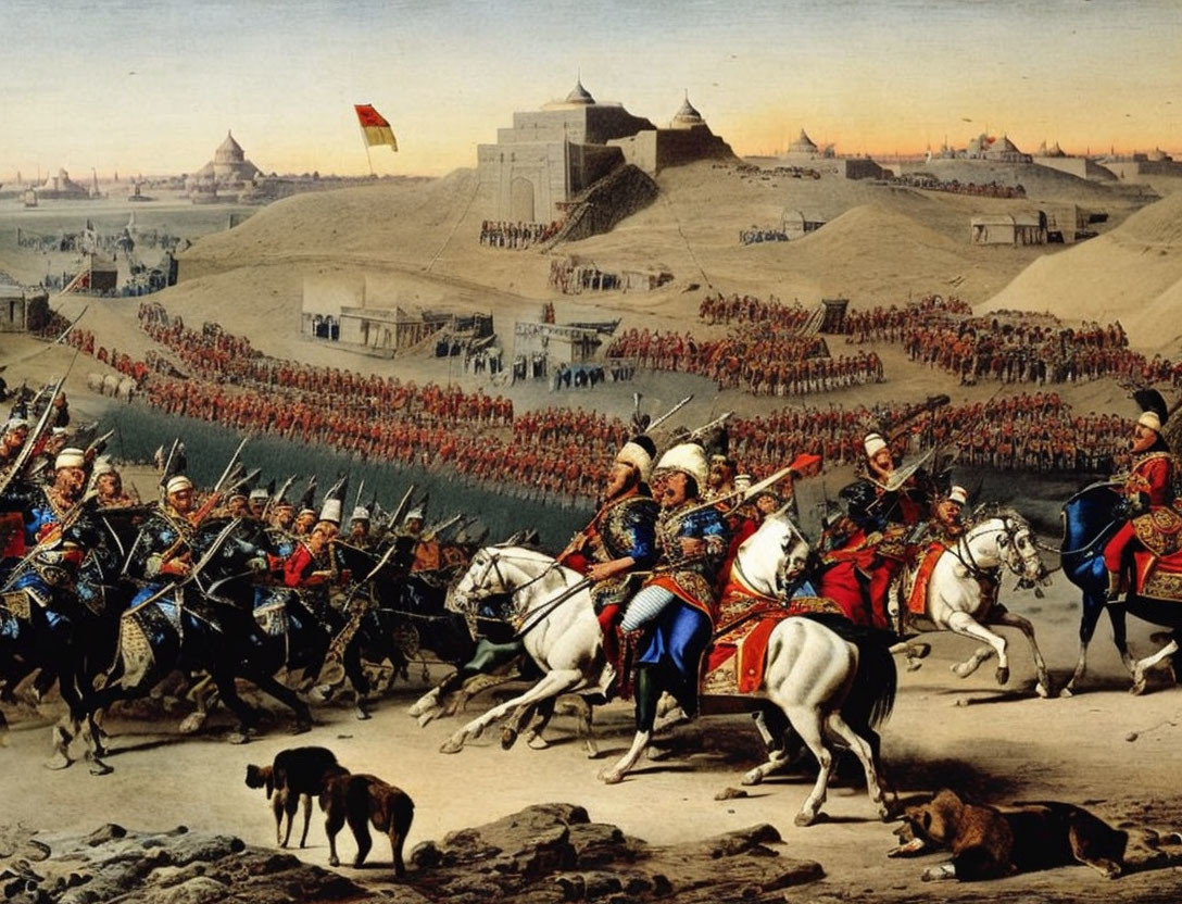 Historical battle scene with charging cavalry, soldiers in formation, and fortresses at dusk