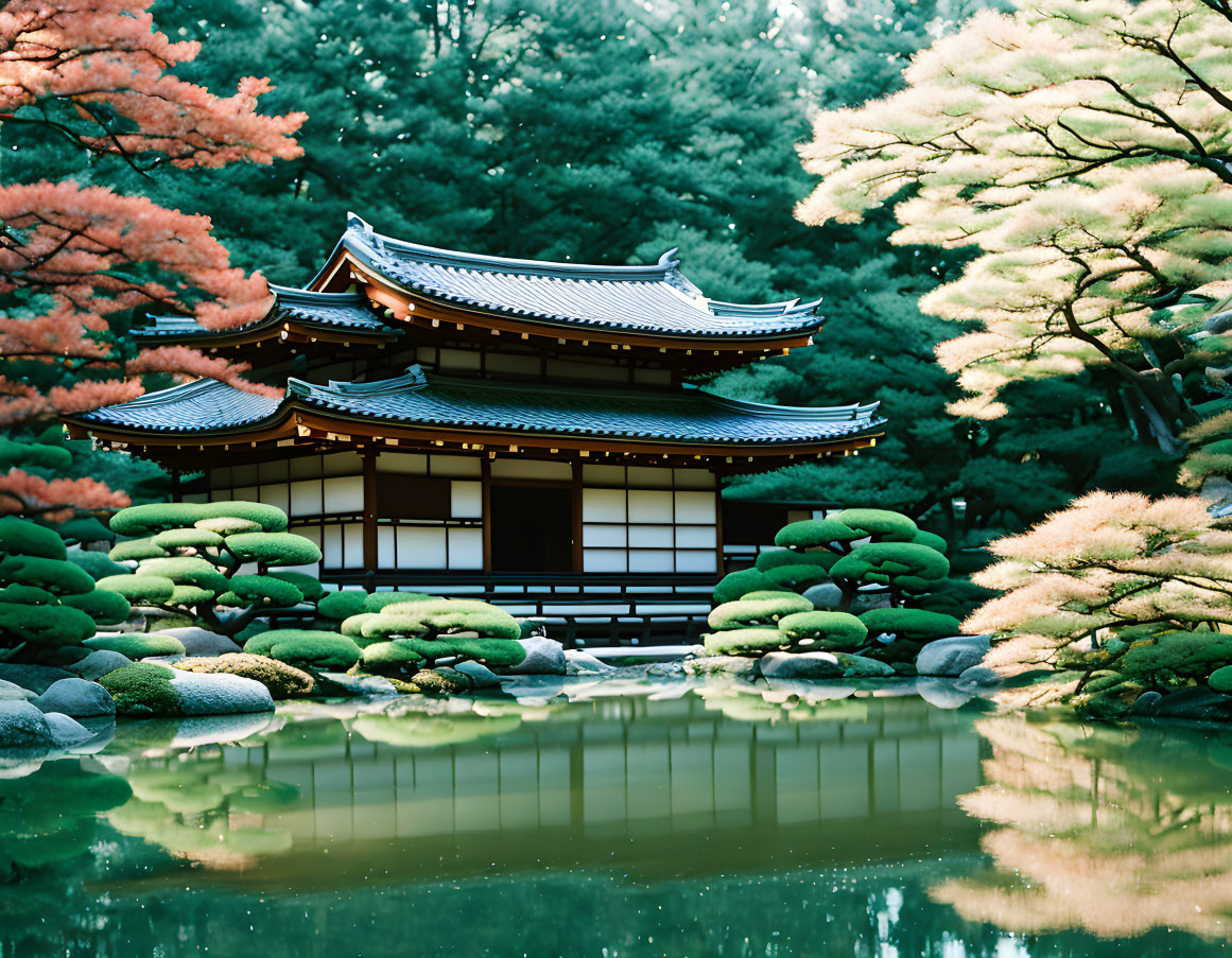 Japanese Pavilion Surrounded by Autumnal Trees and Tranquil Pond