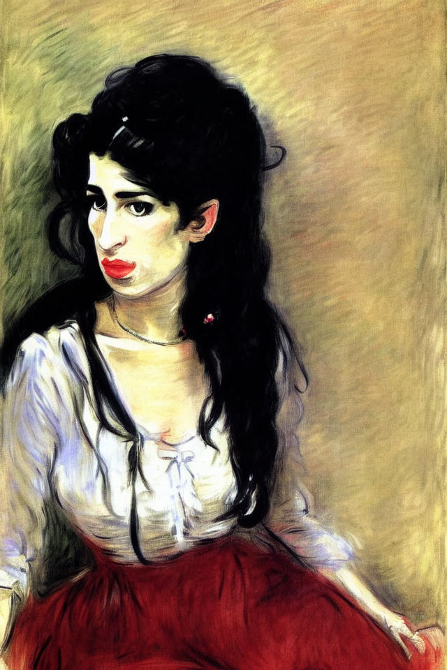 Portrait of Woman with Black Hair and Red Lips in White Blouse and Red Skirt on Yellow Background