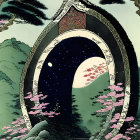 Fantasy-style illustration of ornate gate, cherry blossoms, crescent moon.