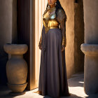 Regal woman in historical attire with braided hair beside a door and clay pots in warm sunlight