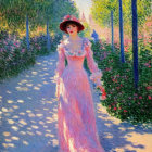 Woman in pink dress and wide-brimmed hat walking on sunlit path among lush greenery and