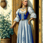 Traditional blue and white dress woman with gold accessories by blue flowers