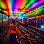 Person with backpack on train tracks near colorful trains in rainbow-lit tunnel