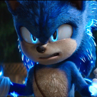 Anthropomorphic blue hedgehog with green eyes in office setting