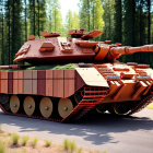 Advanced futuristic tank in forest setting with dirt path.