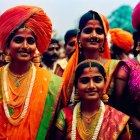 Vibrant traditional Indian attire: Smiling women in orange turbans