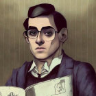 Illustration of bespectacled man in suit reading book with sketches