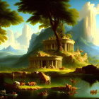 Prehistoric scene with dinosaurs, humans, ancient buildings, lake, and mountains