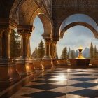 Sunlit Elegant Hall with Checkered Floor, Golden Pillars, Arches, Mountain View