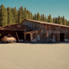 Weathered wooden barn in forest setting with vintage cars and open bays