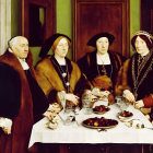 Noble historical figures at lavish table with luxury items