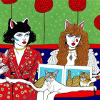 Stylized women with cat-like features holding cats on a colorful couch