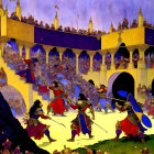 Detailed Battle Scene Illustration with Adorned Warriors Clashing near Golden-Purple Palace