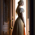 Vintage dressed woman silhouetted at open door with elegant braid in warm light