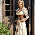 Traditional Bavarian Woman Stands by Wooden Door and Flowers