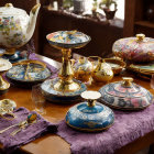 Blue and Gold Tea Set with Teapot, Cups, Saucers, and Sugar Bowl on Purple