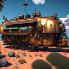 Steampunk-style vehicle with brass details in desert landscape