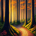 Sunlit forest path with tall trees, green moss, and autumn leaves