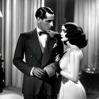 Vintage Hollywood glamour: Black and white photo of man and woman in tuxedo and gown gazes