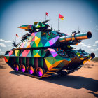 Colorful futuristic tank with geometric patterns and neon accents in desert setting