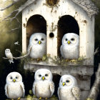 Multiple Snowy Owls in Wooden Treehouse with Clock and "Reserve" Sign