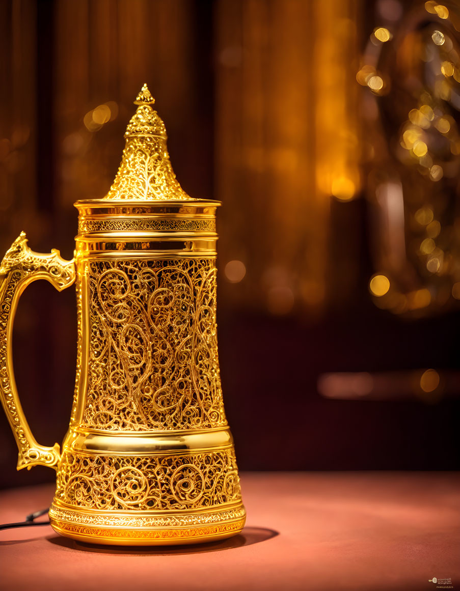 Golden Filigree Patterned Pitcher on Soft Background Exudes Luxury