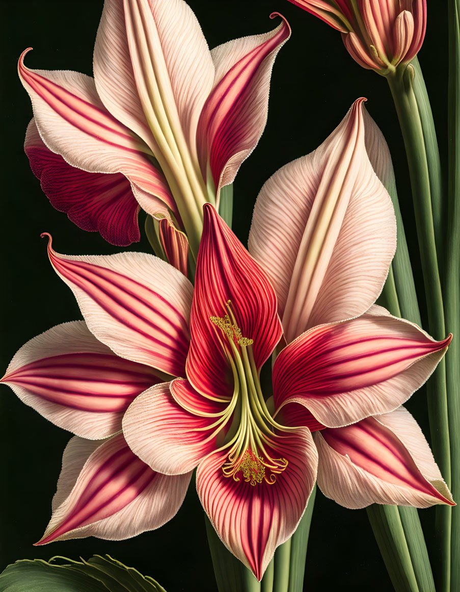 Detailed pink and white-striped amaryllis with yellow stamens on dark background