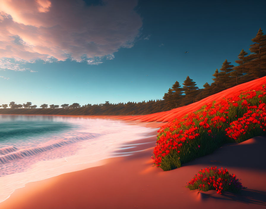 Scenic sunset beach with red flowers, evergreen trees, and calm ocean