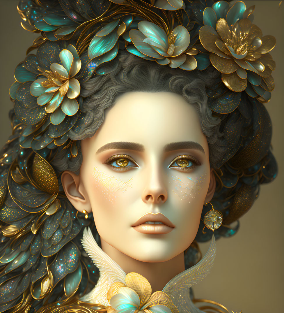 Digital Artwork: Woman with Blue and Gold Flower Hair Embellishments