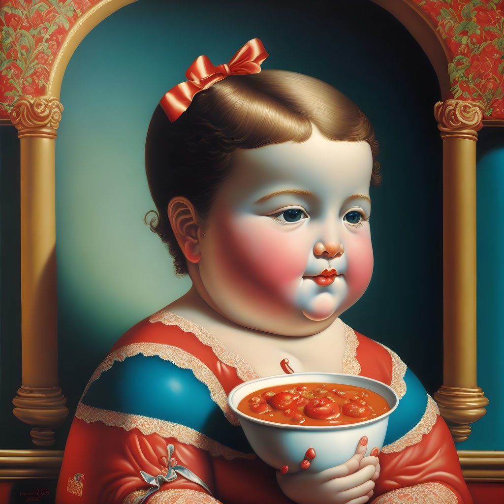 Child in red dress holding soup bowl against arched backdrop